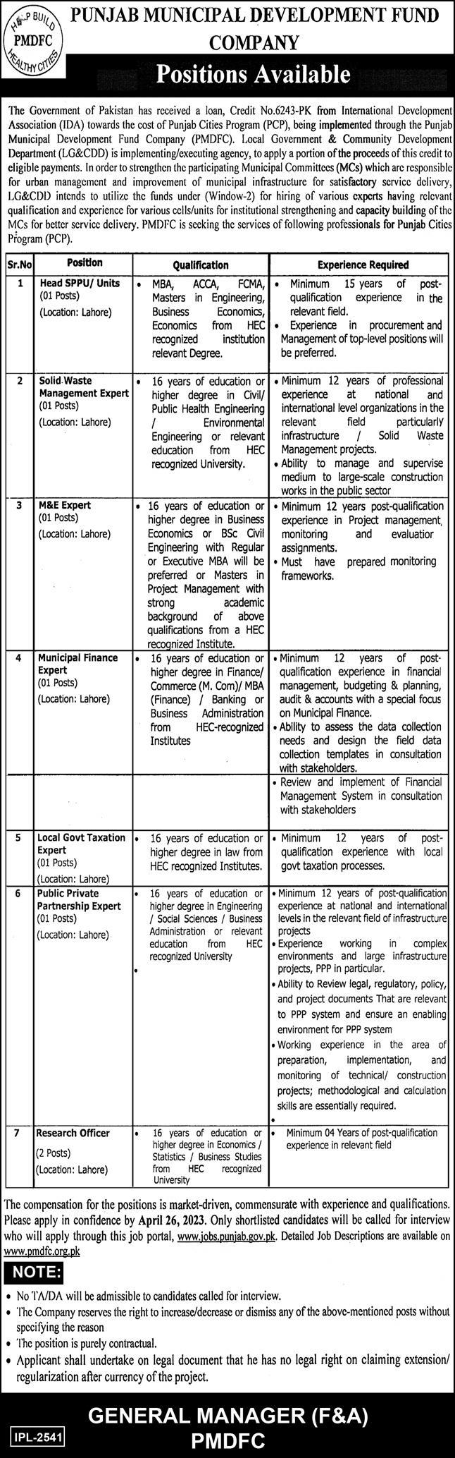 Punjab Municipal Development Fund Company PMDFC Management Jobs Lahore 2023