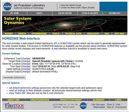 NASA Horizons Ephemeris Generation for Tesla Roadster (Source: https://ssd.jpl.nasa.gov/horizons.cgi#top)