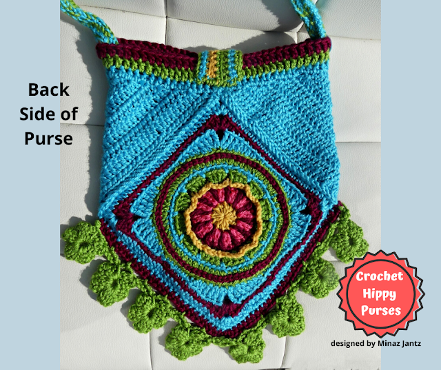 BACK VIEW Blue Crochet Hippy Purse designed by Minaz Jantz