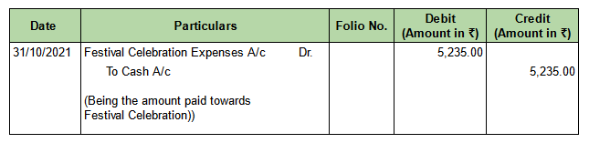 Journal Entry for payment towards Festival Celebration Expenses.