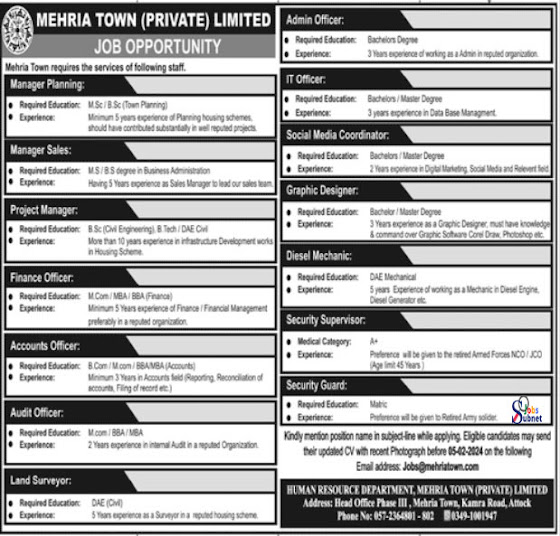 Career Opportunity At Mehria Town 2024