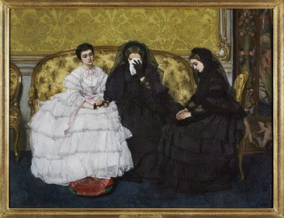 An 1857 painting of three somber women sitting on sofas: two are dressed in black mourning attire and the third in white.