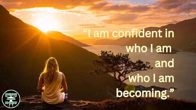 Motivational quote poster with sunrise and person standing strong. Text: I am confident in who I am and who I am becoming
