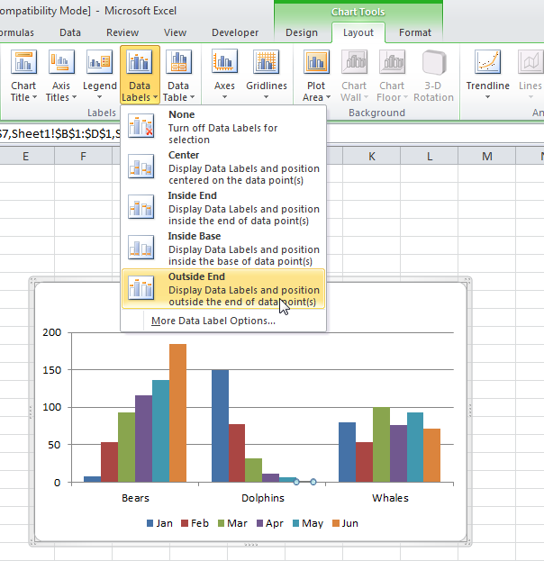 Add data labels in the outside end position excel 2016
