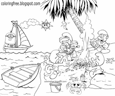 Sea beach digging miner cartoon Smurf drawing Smurfette Greedy eating big kids Smurfs coloring pages