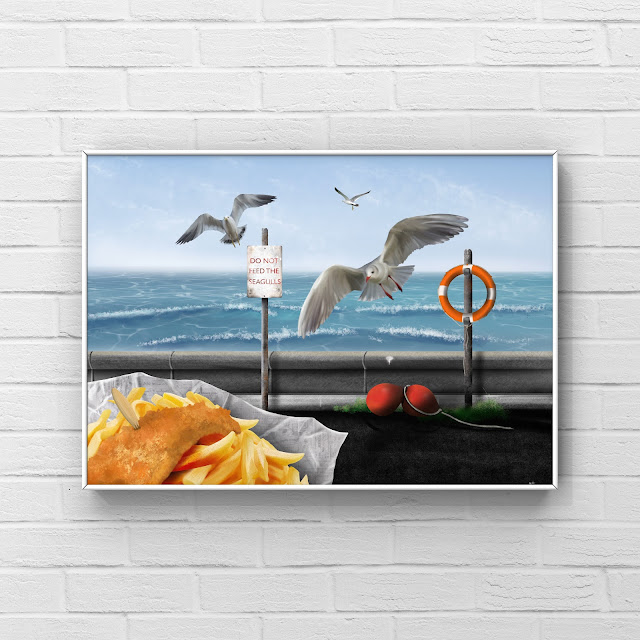 fish and chips, seagull, seaside landscape art