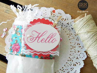 SRM Stickers Blog - Dressed Up Gift Bags by Angi Barrs - #giftbag #glassine #embossedbag #clearstamp #BIGhello #BIGstamps #lace #punchedpieces #DIY