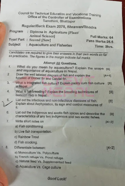 AG Aquaculture and Fisheries - 2nd Year Question Papers CTEVT | Diploma in Agriculture (Animal / Plant Science)
