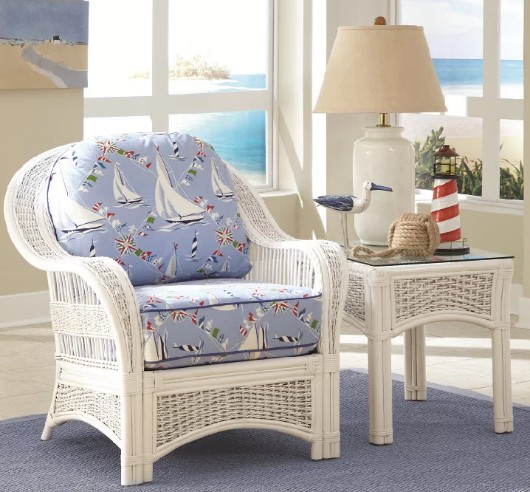White Rattan Chair Nautical Fabric Cushions