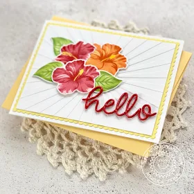 Sunny Studio Stamps: Hawaiian Hibiscus Frilly Frame Dies Fancy Frames Dies Hello Word Die Hello Card Aloha Card by Juliana Michaels and Angelica Conrad