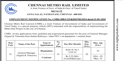 General Manager - Signal and Telecom Job Opportunities in Chennai Metro Rail Limited