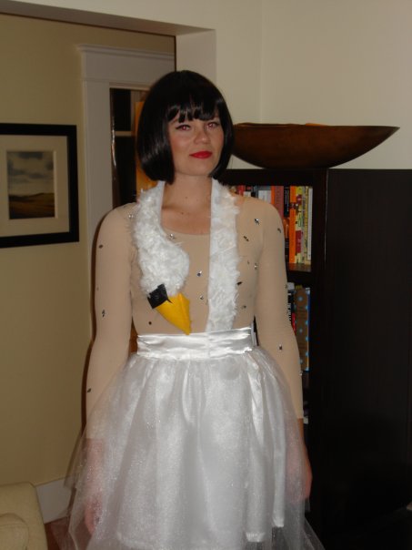 In a mom daughtermade recreation of Bjork's swan dress for a Halloween 