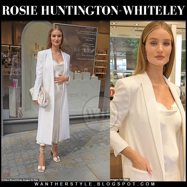 Rosie Huntington-Whiteley in white coat and white silk midi dress
