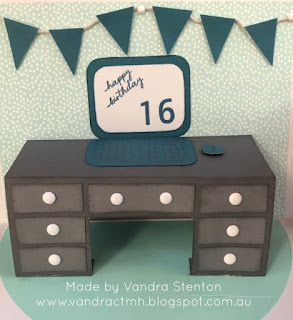 #CTMHVandra, #ctmhstitchedtogether, Birthday, cardmaking, pop-up, fancy card, stitched thin cuts, thin cuts, stamping, 3D, computer, laptop, desk, bunting, dots, color dare, Colour Dare Challenge, 