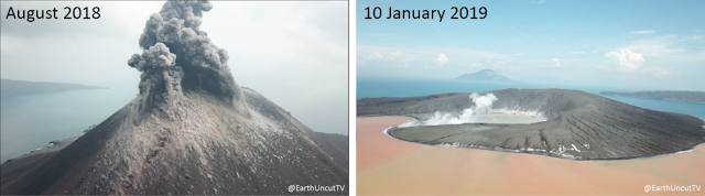 Kedua foto menunjukkan kondisi Anak Krakatau, bagian kiri sebelum erupsi 22 Desember 2018, sedangkan bagian kanan pasca erupsi. Terlihat sebagian besar tubuh gunung runtuh ke dalam laut yang memicu terbentuknya tsunami