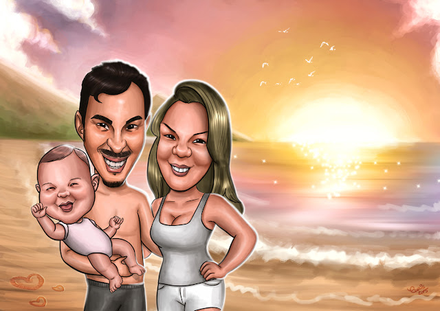 caricatura de casal praia