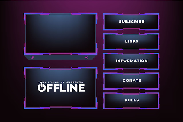 Live streaming screen border design. Live broadcast or streaming overlay panels with an offline screen vector. Streaming screen panel decoration with yellow and purple colors. Live icon elements decoration vector for gamers.