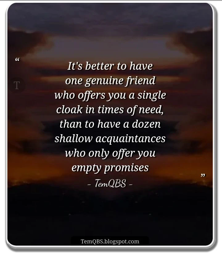 TemQBS Quote - It's better to have one genuine friend who offers you a single cloak in times of need, than to have a dozen shallow acquaintances who only offer you empty promises