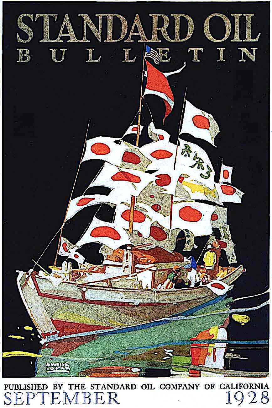 a Maurice Logan illustration for the 1928 Standard Oil Bulletin, a boat with many flags