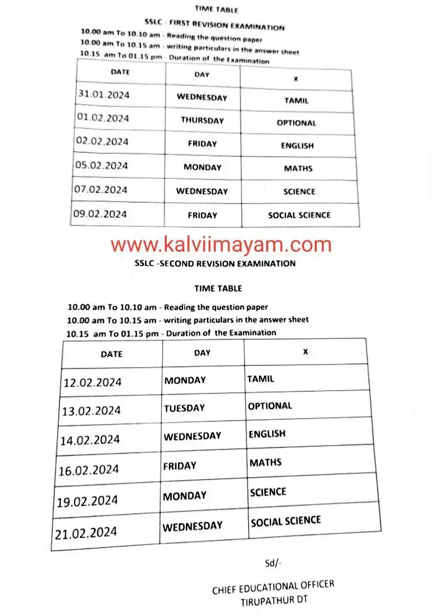 10th First Revision Exam Time Table 2024
