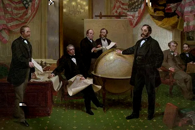 Russian Diplomat Eduard de Stoeckl, negotiating the Alaska Purchase with William Seward, United States Secretary of State, and other representatives.