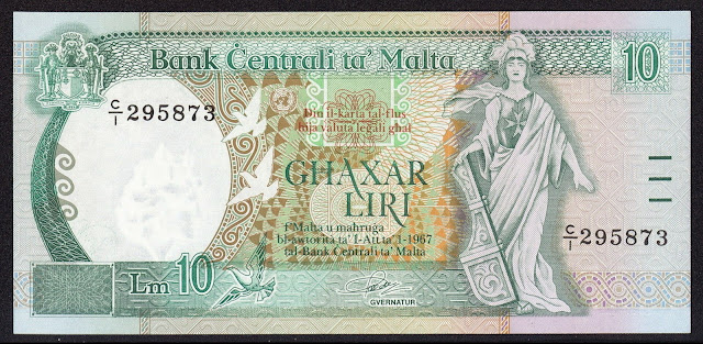 Malta Banknotes 10 Maltese Lira banknote 1989