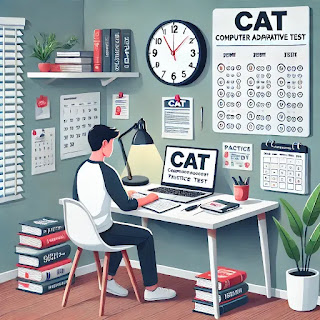 A motivational study scene showing a student preparing for the CAT exam with books, notes, and a laptop, emphasizing time management and a strategic study plan.