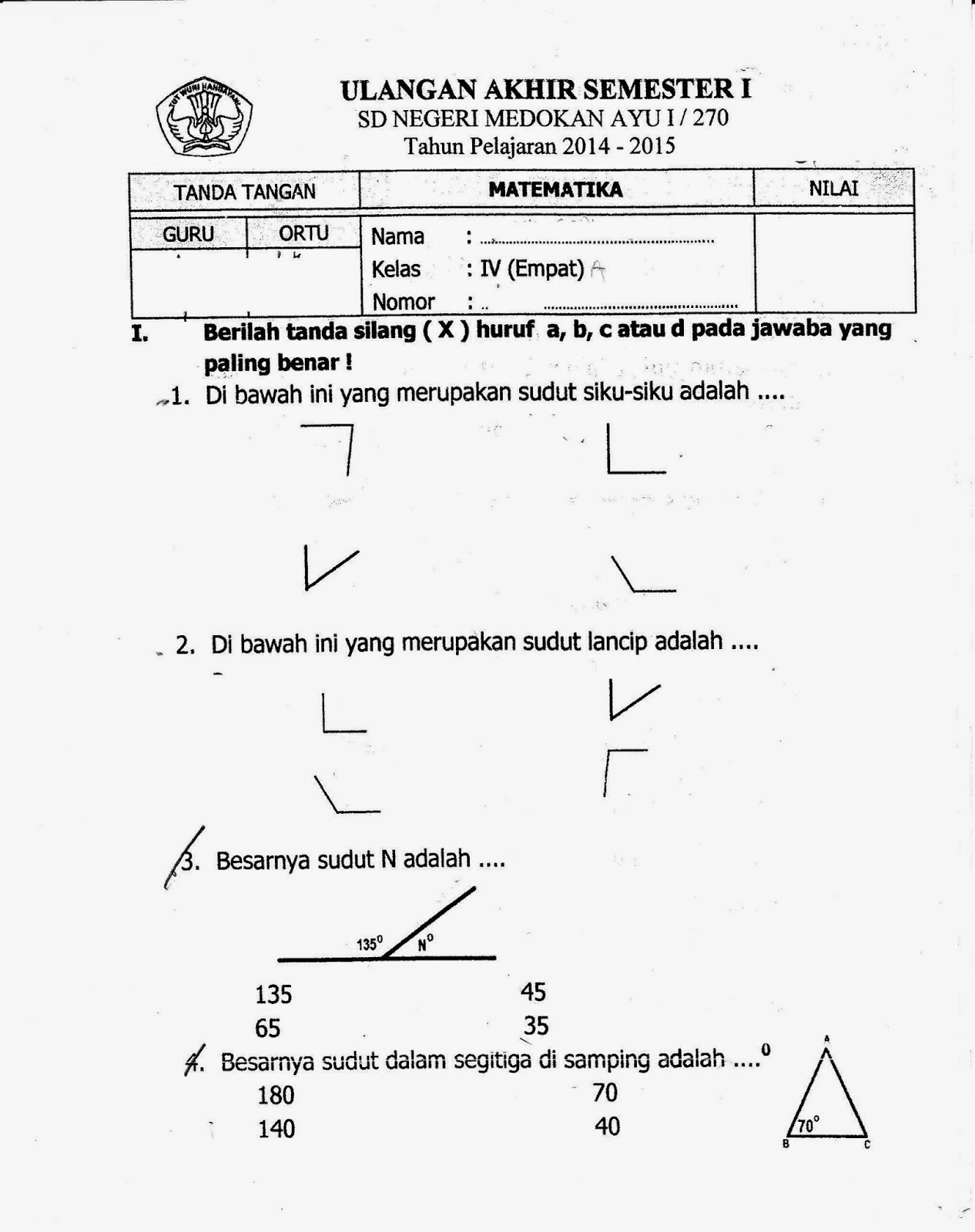 UAS Semester Ganjil Matematika Kelas 4 SD TA 2014 2015