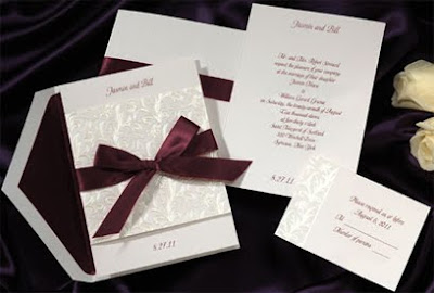 Elegant White Wedding Invitations With Red Purple Ribbon