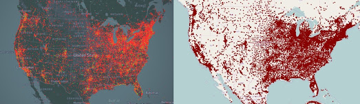 Side by side comparison of UFO sightings with a US population density map