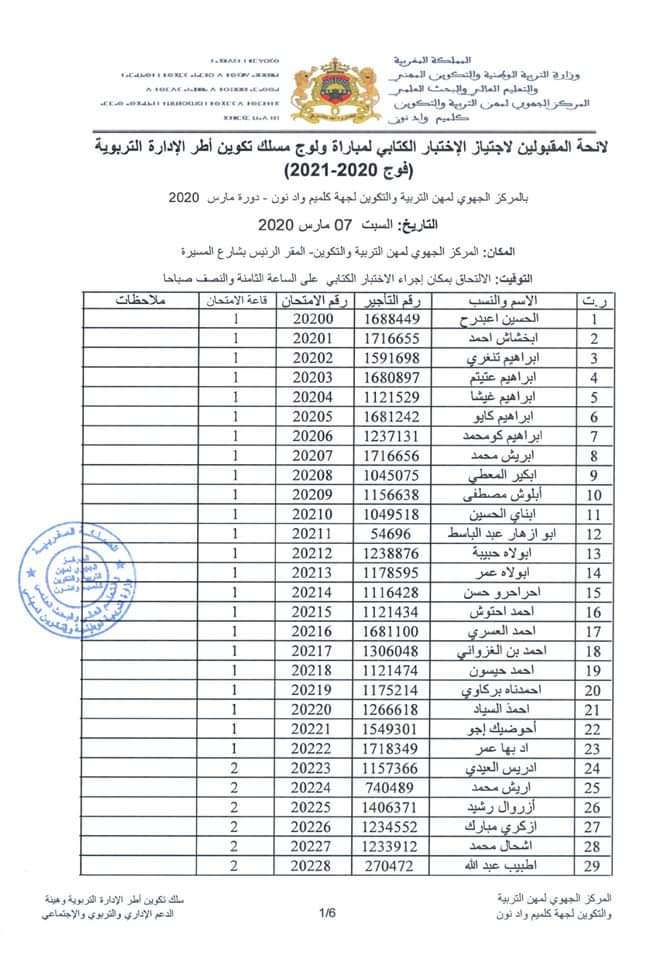 لائحة المقبولين لاجتياز الإختبار الكتابي لمباراة ولوج مسلك تكوين أطر الإدارة التربوية بمركز جهة كلميم واد نون دورة مارس 2020