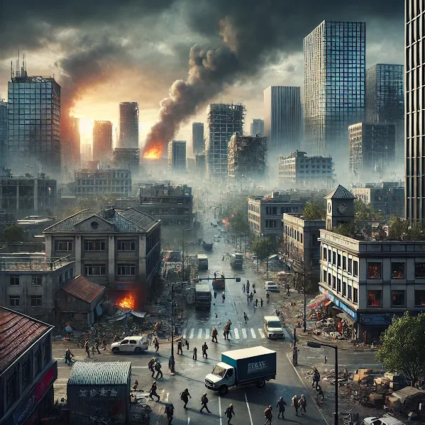 City devastated by violence in 2024, showing destroyed buildings, fleeing civilians, and armed forces. The dark, chaotic scene reflects social unrest and turmoil. In a Violent Nature 2024.