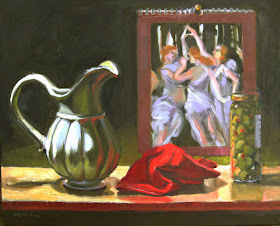 Oil painting colorful still life pitcher Botticelli Primavera linen napkin Marie Fox