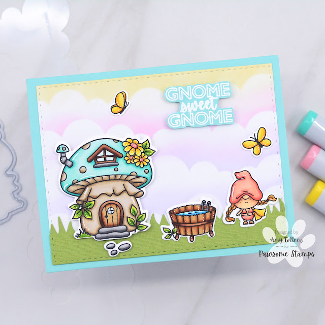 Gnomie Stamp and Die Set illustrated by Agota Pop, Spring Day Stamp and Die Set, Clouds for Days Stencil by Pawsome Stamps #pawsomestamps #handmade