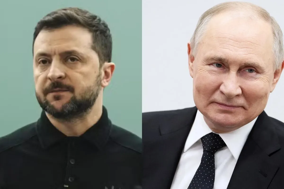 Imagem de Zelensky e Putin : um com barba e cabelo escuro e o outro com cabelo grisalho, ambos vestidos formalmente, indicando uma reunião de figuras públicas russas e ucranianas.