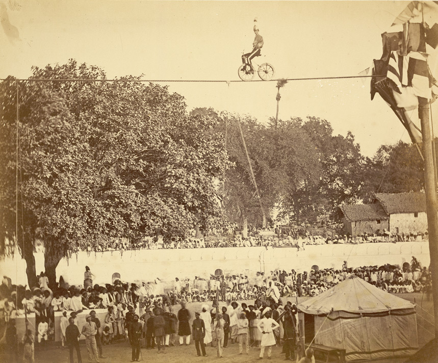 European Tightrope Walker Performing before a Large Crowd in Vadodara (Baroda), Gujarat, India | Rare & Old Vintage Photos (1880)