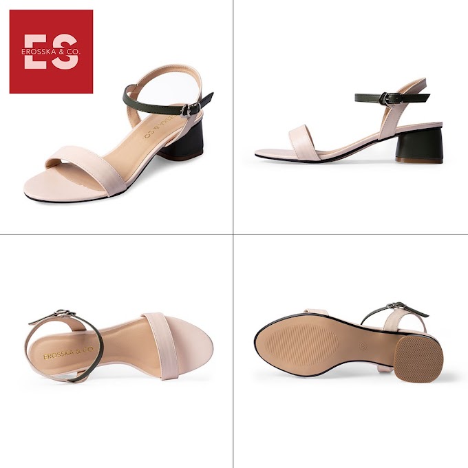 Giày sandal cao gót Erosska thời trang mũi tròn phối dây nhiều màu tinh tế cao 3cm màu xanh phối kem - EB019