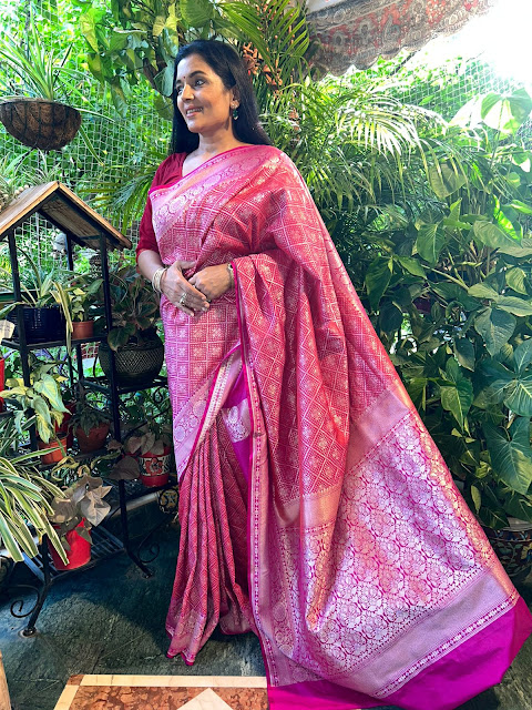 Rani pink Ektara silk saree inspired from patola weave