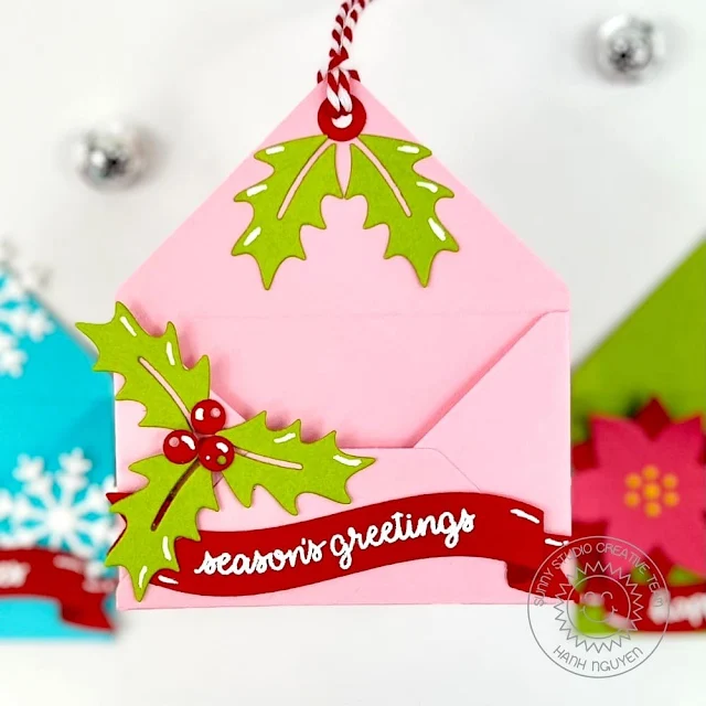 Sunny Studio Stamps: Brilliant Banner 3 Die Focused Holiday Gift Cards by Hanh Nguyen (featuring Gift Card Envelope Dies, Roly Poly Penguins, Woolen Mittens, Inside Greetings)
