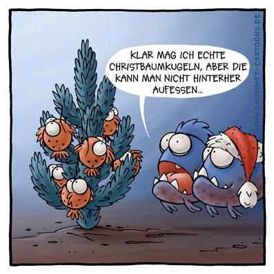 Piranhas Weihnachten Weihnachtsbaum Christbaumkugeln Fische aufessen Cartoon Cartoons Witze witzig witzige lustige Bildwitze Bilderwitze Comic Zeichnungen lustig Karikatur Karikaturen Illustrationen Michael Mantel lachhaft Spaß Humor