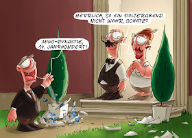Polterabend Hochzeit reiche Schnösel Reichtum reich Geld spielt keine Rolle Vase Porzellan Ming Dynastie kaputt zerschlagen herunterfallen Cartoon Cartoons Witze witzig witzige lustige Bildwitze Bilderwitze Comic Zeichnungen lustig Karikatur Karikaturen Illustrationen Michael Mantel lachhaft Spaß Humor