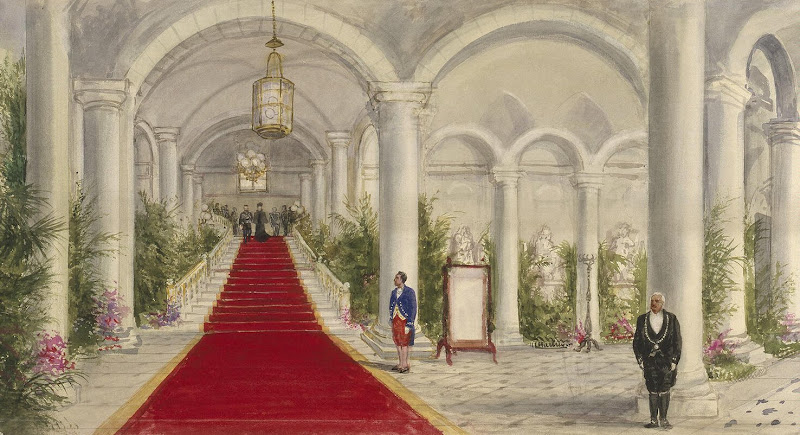 Rolled Panorama: The Visit of Emperar Nicholas II to France in September 1901. Detail: The Royal Couple on the Main Staircase of the Compiegne Chateau by Pavel Yakovlevich Pyasetsky - History Drawings from Hermitage Museum