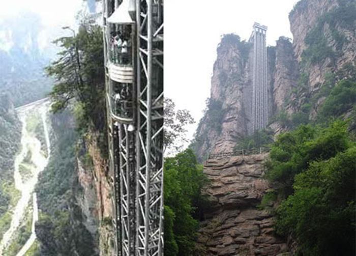 Bailong Elevator built into the side of a huge cliff. Also known as Hundred Dragons Elevator, this glass elevator stands 330 meters tall and is claimed to be the highest and heaviest outdoor elevator in the world. Quite possibly, it is the only elevator in the world that lets people ride up a cliff.