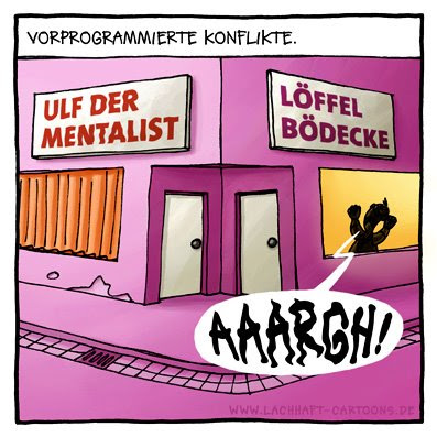 Vorhersehbare vorprogrammierte Konflikte Ulf der Mentalist Löffel Bödecke verbiegen Zaubertrick Kraft der Gedanken Telepathie Cartoon Cartoons Witze witzig witzige lustige Bildwitze Bilderwitze Comic Zeichnungen lustig Karikatur Karikaturen Illustrationen Michael Mantel lachhaft Spaß Humor