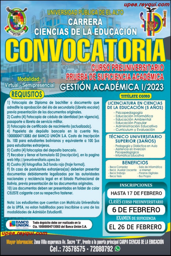Ciencias de la Educación UPEA I/2023: Convocatoria a la Prueba de Suficiencia Académica y Curso Preuniversitario
