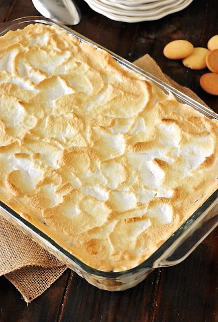 Old-Fashioned Banana Pudding from Scratch with Meringue Topping in Pan Image