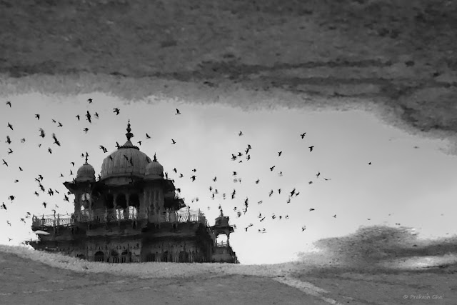 A Black and White Minimal Art Photograph of the Reflection of Albert Hall Museum - Jaipur, in a Water Puddle. 