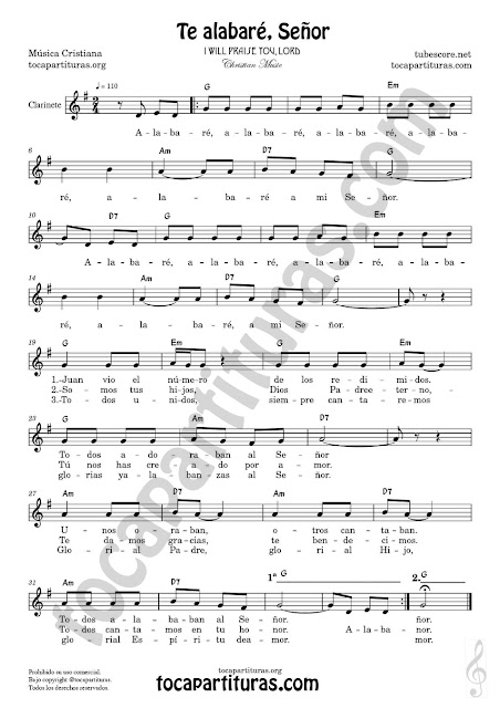 Te alabaré, Señor Partitura de Clarinete en Sol Mayor (Clarinet sheet music)