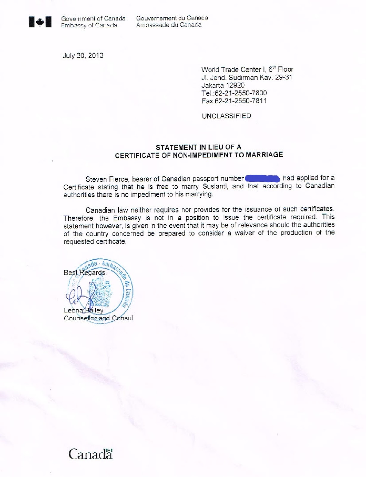 Gado~gado InCa: Statement in Lieu of Certificate of Non 