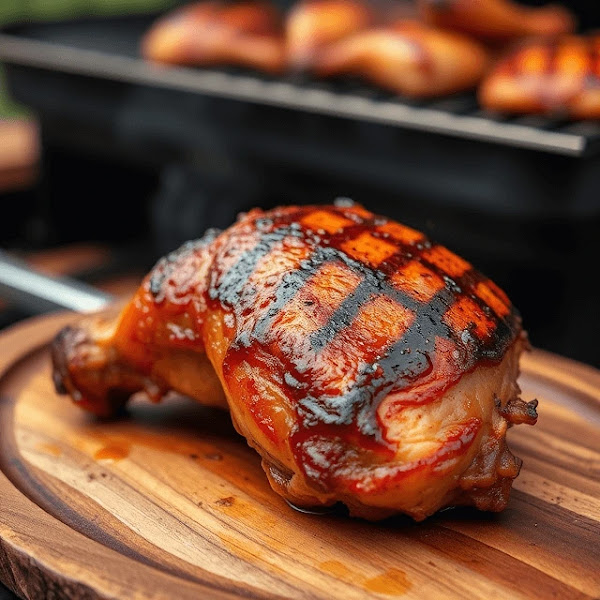 BBQ chicken thigh marinated in rich sauce, placed on a wooden platter with a caramelized finish and herbs, captured with vibrant details.